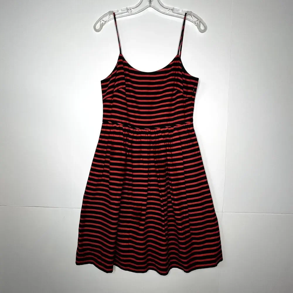 J. Crew Striped Derby Linen Blend Fit and Flare Dress Black Red Womens Size 6